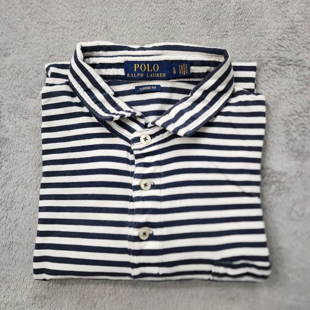 Polo Ralph Lauren Mens L Classic Fit Navy And White Striped Pocket 100% Cotton